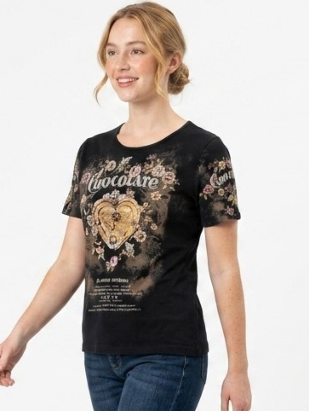 Black Short Sleeve Graphic Tee with Gold Heart and Floral Accents